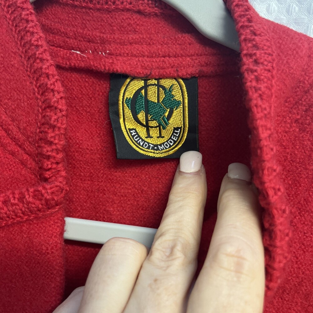 Vtg Hundt Model Red Boiled Wool Crochet Trim Military Cardigan Sweater Jacket - Picture 4 of 12